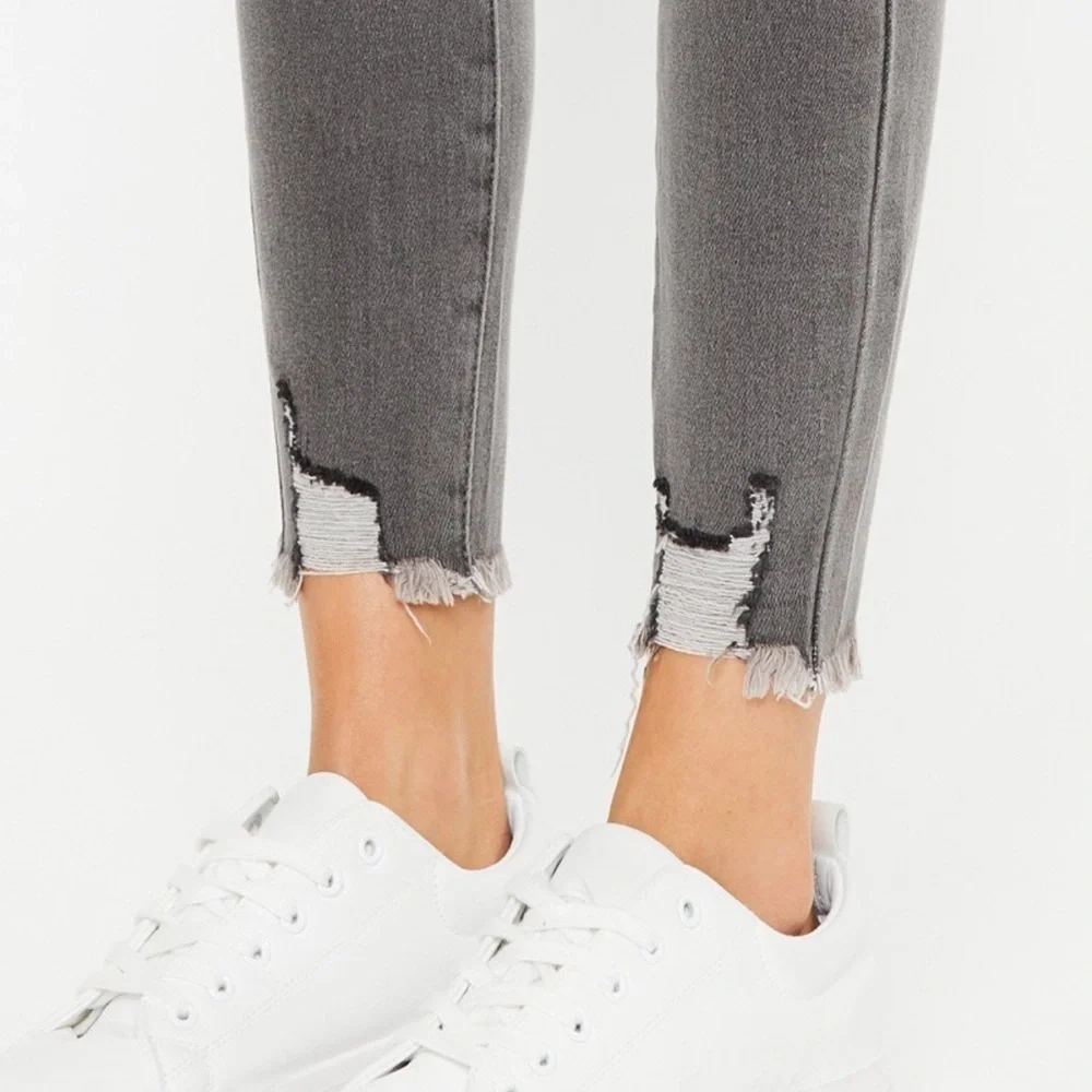 Kan Can High Rise Hem Detail Ankle Skinny Distress Jeans
